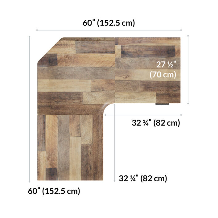 Top-down L-shaped desktop diagram showing sixty inches by sixty inches, arm depth of twenty-seven and one-half inches, and two inner openings of thirty-two and one-quarter inches each. image number 3